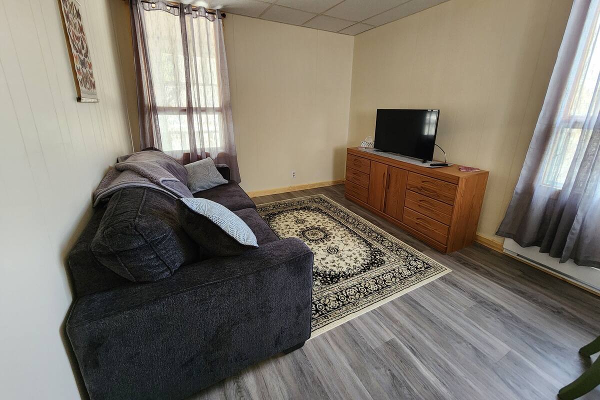 A living room with a dark grey sofa, a wooden TV stand, and a patterned rug.