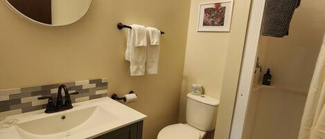 A bathroom with a sink, mirror, toilet, and shower.