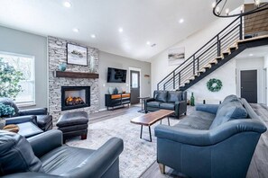 Smart TV, fireplace, books