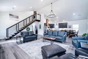 Smart TV, fireplace, books