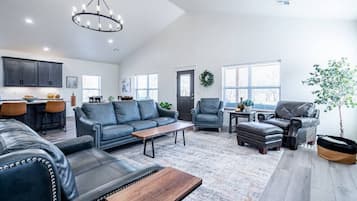 Smart TV, fireplace, books