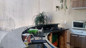 A kitchen with a curved countertop, a sink, a stove, and a microwave. There is a potted plant on the wall and a bag of groceries on the counter. - Edicula Foz (Foz do Iguaçu)
