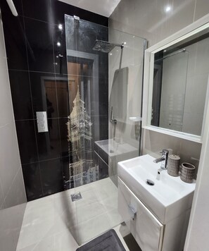 Regadera, toallas, jabón, papel de baño