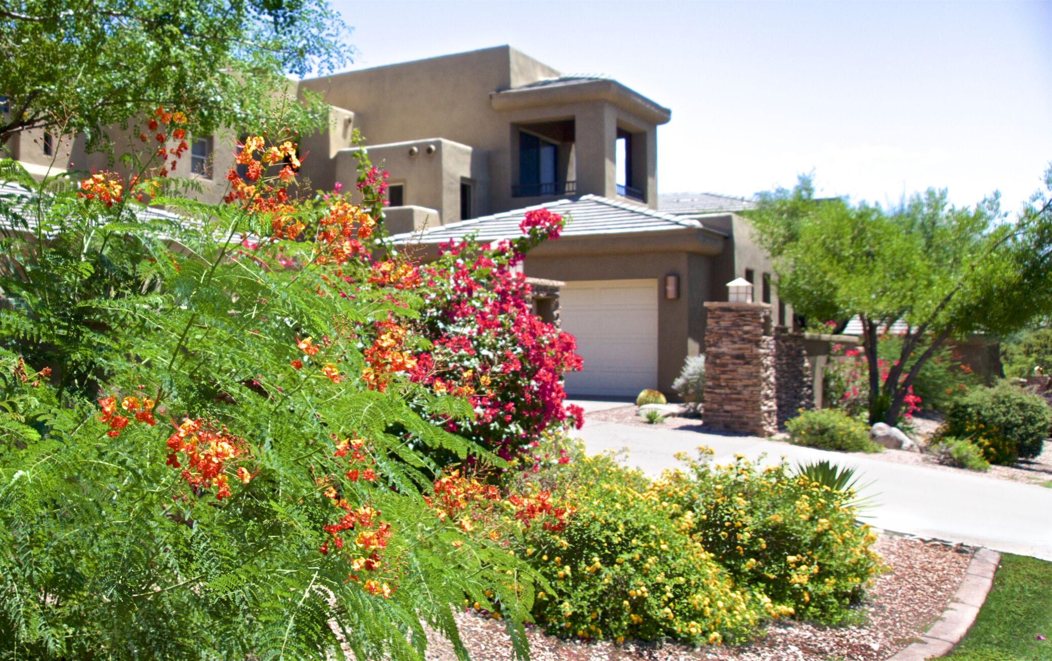 A modern house with a stone foundation, a well-maintained garden with various plants and flowers, and a clear sky.