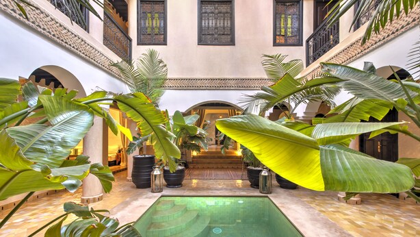 A spacious indoor pool area with a central water feature, surrounded by large potted plants and a tiled floor. - RIAD BIJOUX (Marrakech)
