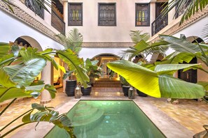 Uma área de piscina interior espaçosa com um elemento central de água, rodeada por grandes vasos de plantas e um chão em mosaico.