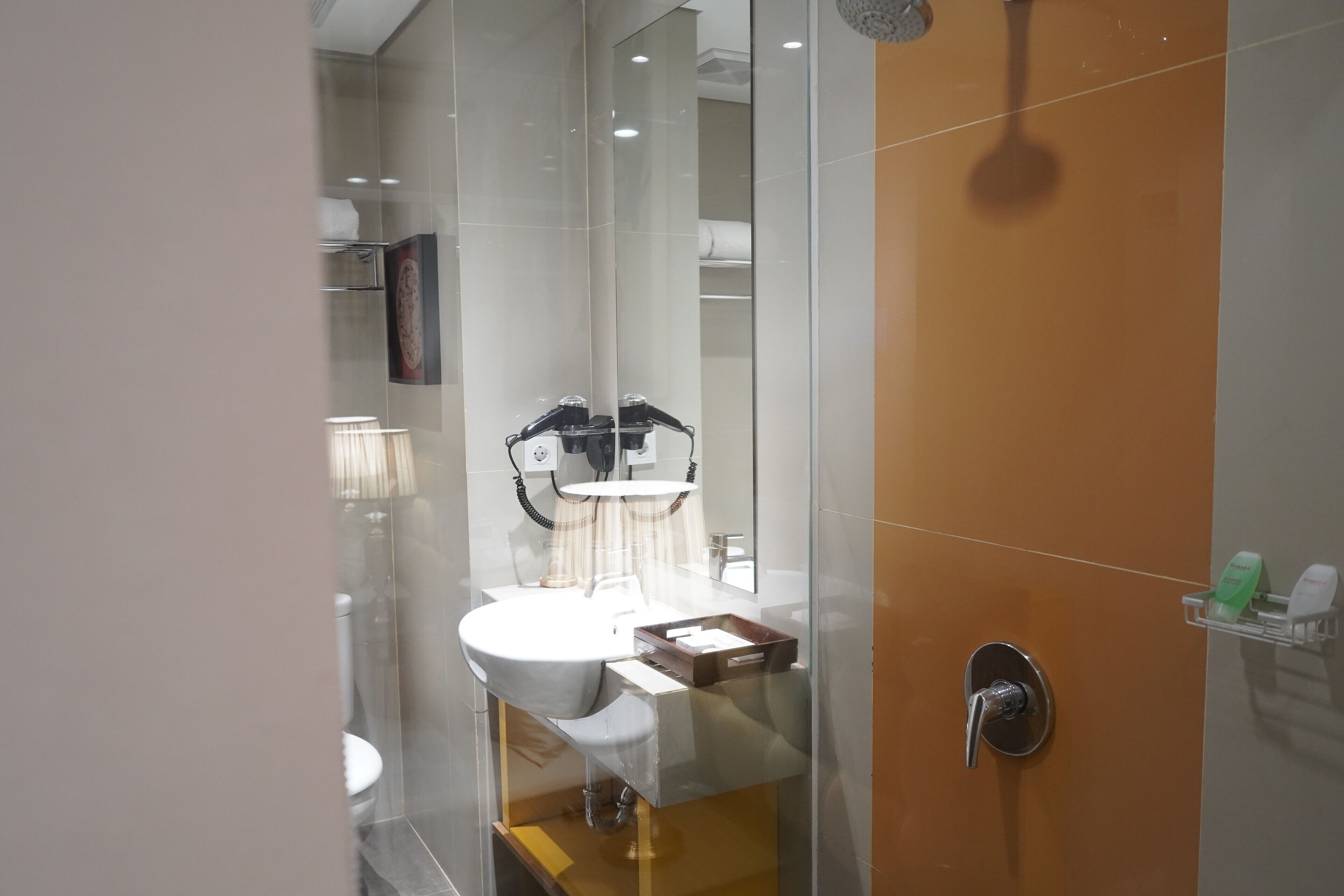 A modern bathroom with a glass-enclosed shower, a white sink, and a mirror.