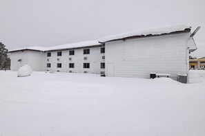 A building with multiple windows and a flat roof covered in snow.