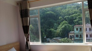 A bedroom with a single bed, a window with curtains, and a view of a forested area.