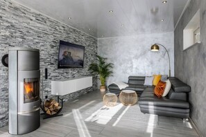 Smart TV, fireplace, books
