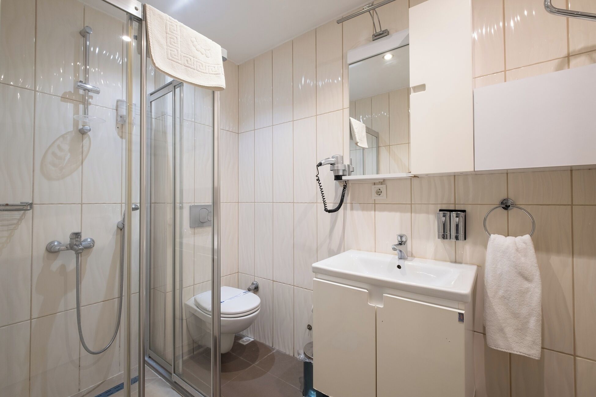 A modern bathroom with a glass-enclosed shower, a toilet, and a sink with a towel rack.