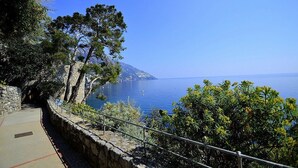 A coastal walkway with stone walls and metal railings, leading to a view of the sea and a distant island. - Suite Baldea: An elegant and welcoming apartment that is part of an ancient watch tower built sheer above the sea, with Free WI-FI. (Positano)