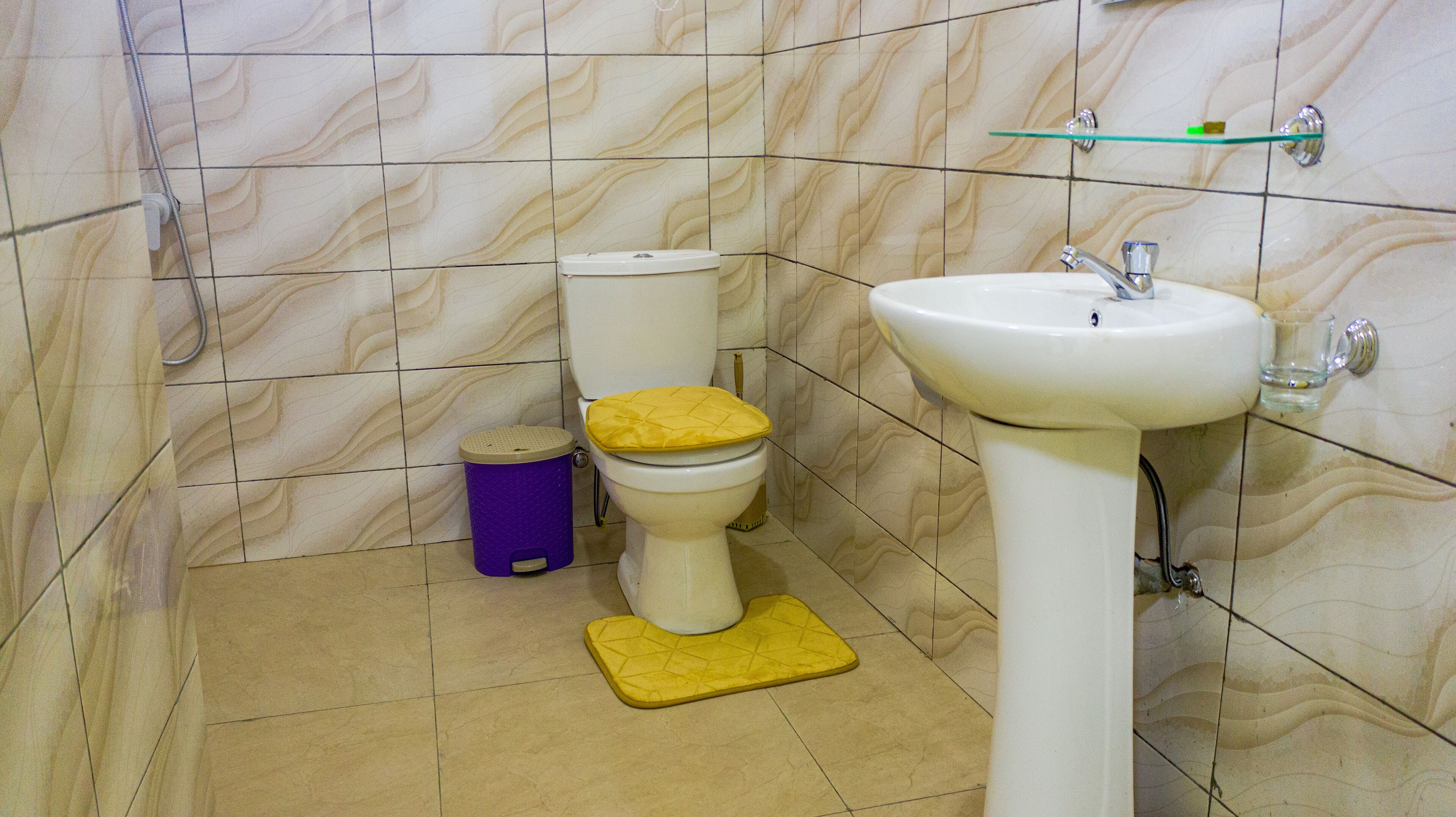 Een badkamer met toilet, wastafel en douche.