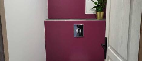 A small bathroom with a white toilet, a trash bin, and a potted plant on a shelf.