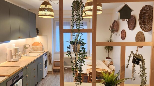 Une cuisine moderne avec un îlot central en bois, des plantes suspendues et un coin repas offrant une vue agréable.