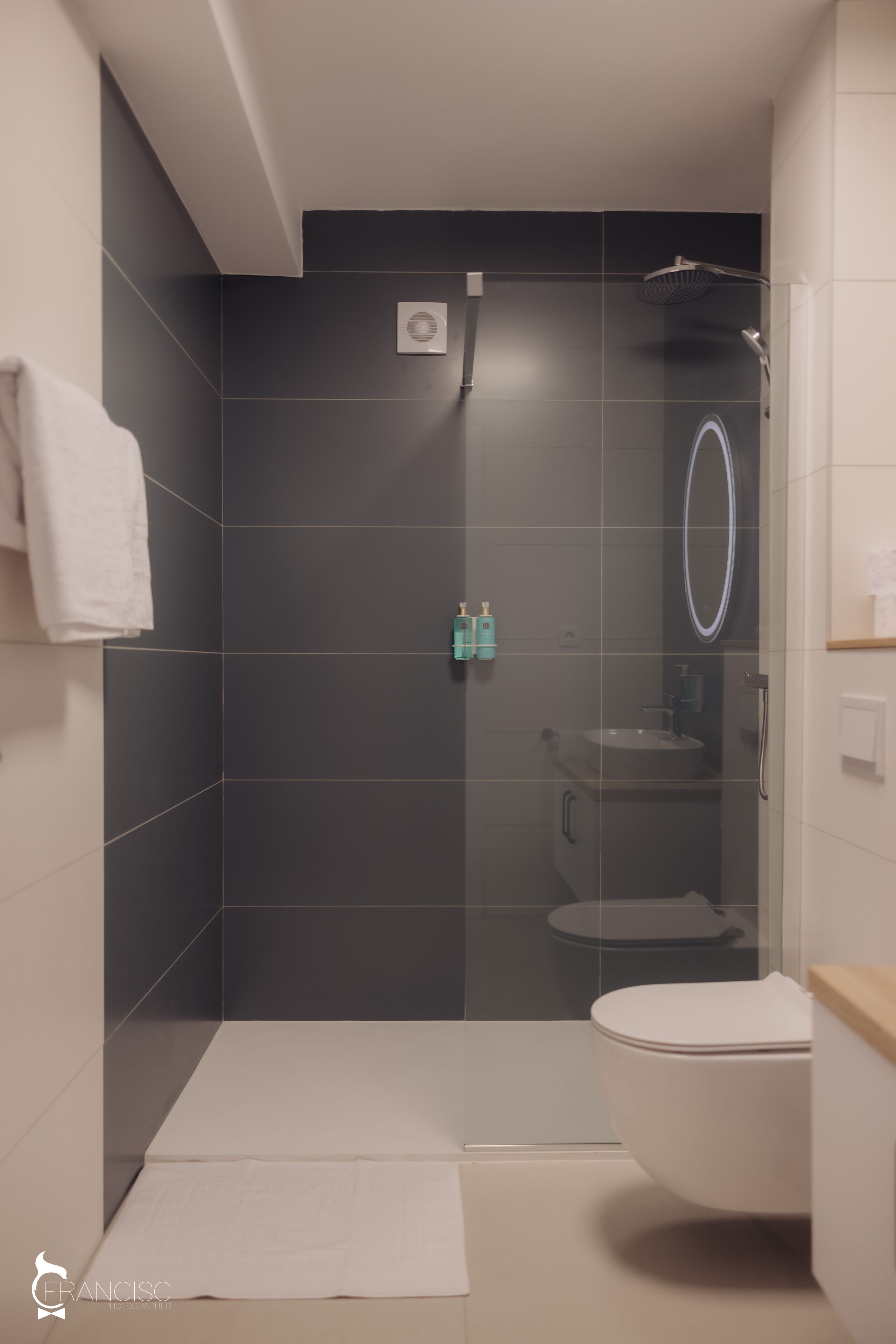 A modern bathroom with a glass-enclosed shower, a white toilet, and a sink.