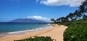 Une plage avec une eau d’un bleu limpide, un rivage sablonneux et une montagne en arrière-plan.