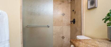 A bathroom with a glass shower door, a toilet, and a sink with a granite countertop.