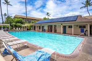 Une piscine avec des chaises longues, des palmiers et un bâtiment équipé de panneaux solaires.