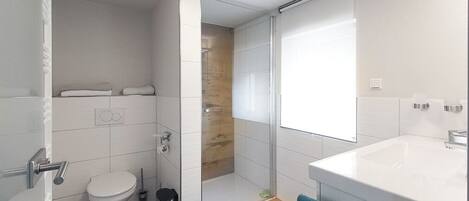 Shower, hair dryer, towels, soap