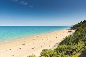 A beach with clear blue water, sandy shore, and green vegetation along the coastline.
