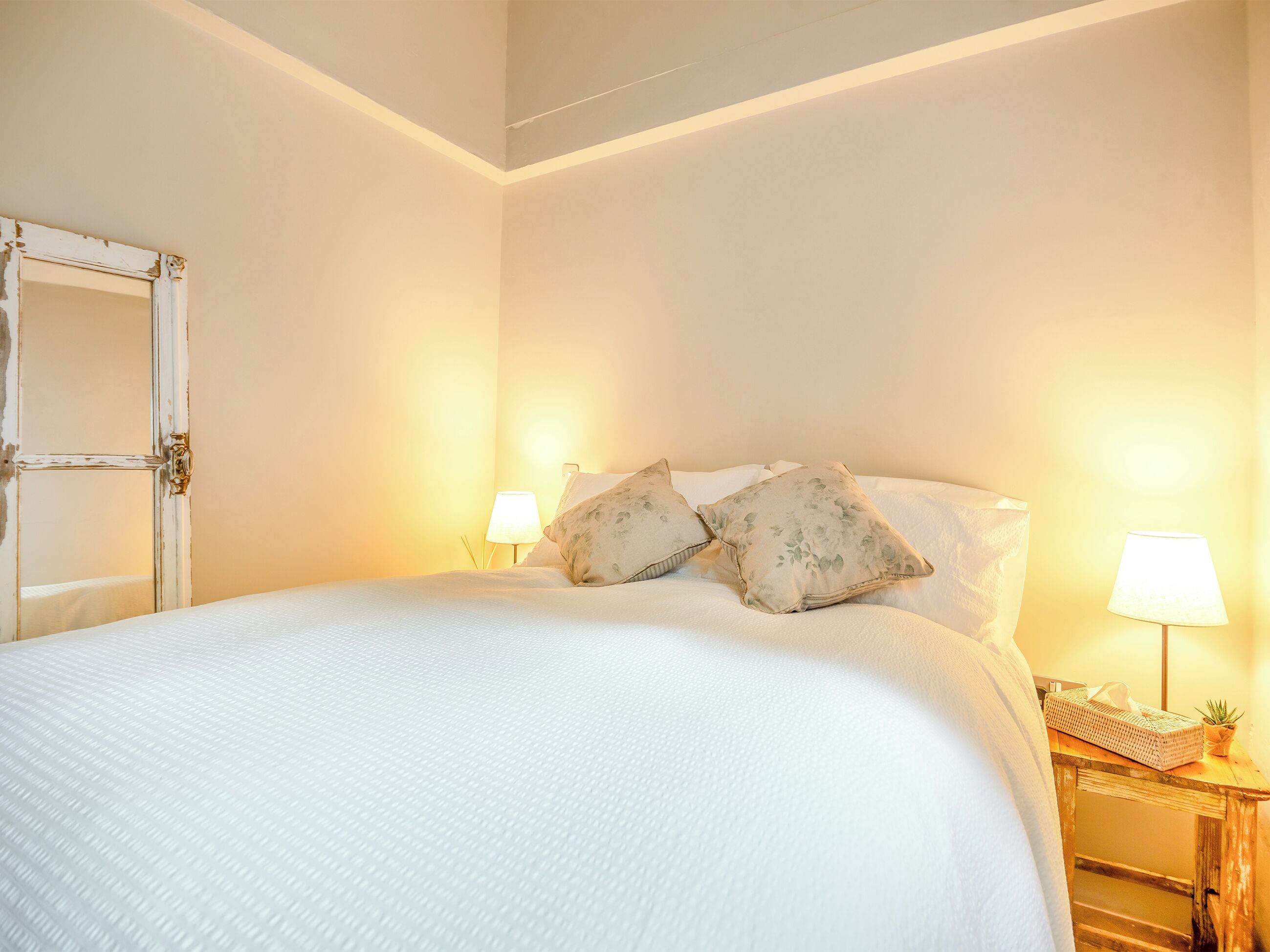 A neatly made bed with floral pillows, two bedside lamps, and a small table with a plant.