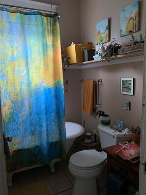 Jetted tub, hair dryer, towels