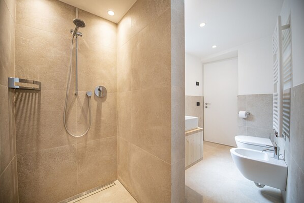 Regadera, secadora de cabello, bidet, toallas 
