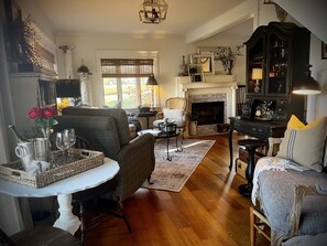 Smart TV, fireplace, books