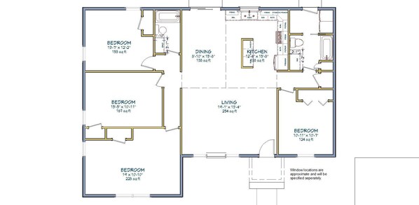 A floor plan with three bedrooms, a living room, a dining area, and a kitchen. - Dune Haven 2 - 4BR, 2 Bath (Mears)