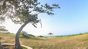 A grassy area with a tree, a pathway, and a gazebo by the beach. - One Rythm (Duncans)