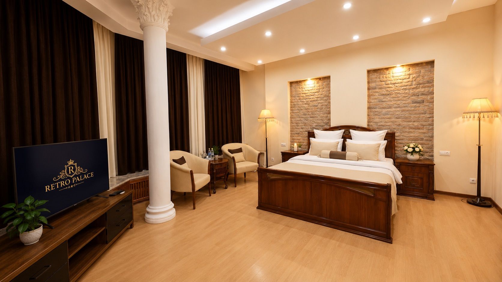 A hotel room with a bed, two chairs, a TV, a nightstand, a lamp, and a potted plant.