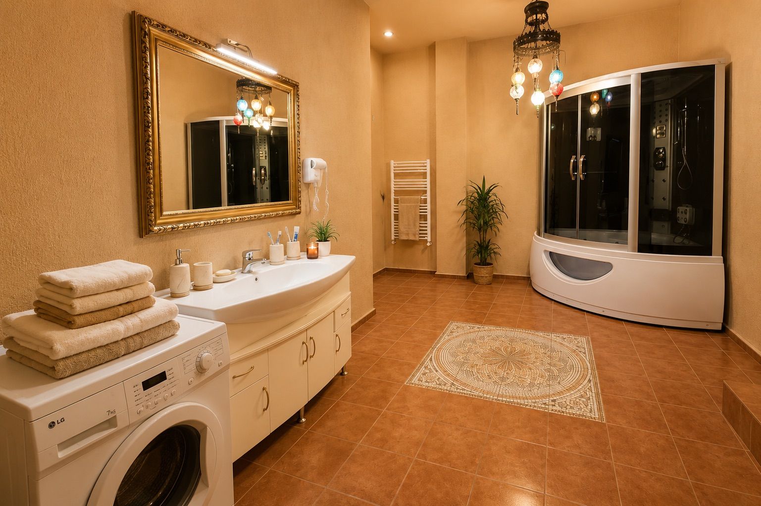 A bathroom with a washing machine, a sink with a mirror, a towel stack, a potted plant, and a shower enclosure.