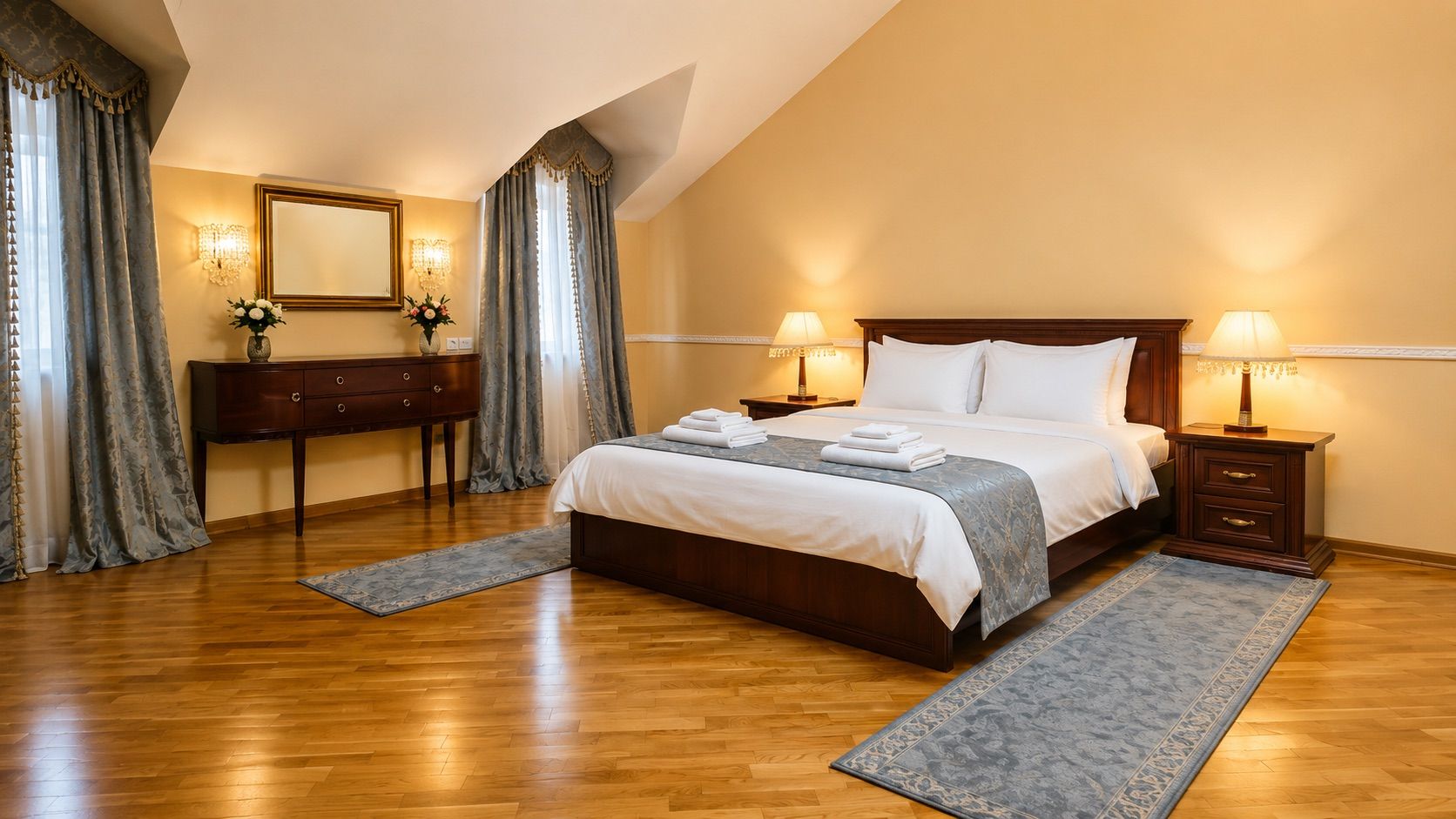 A bedroom with a large bed, two bedside tables, a dresser, and a mirror.