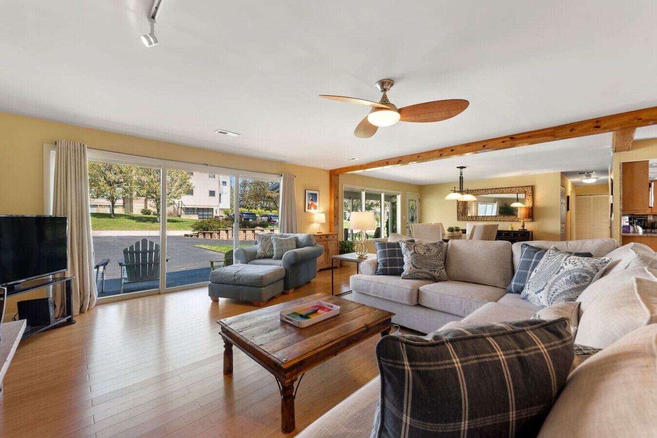 Smart TV, fireplace, books