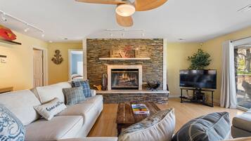 TV connectée, cheminée, livres