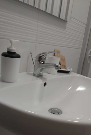 Chuveiro, secador de cabelo, bidê, toalhas de banho