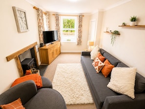 A living room with a sofa set, a television, a fireplace, and a window with curtains. - Synod Cottage | Private Hot Tub, Dog Friendly, Near New Quay (Ceredigion)