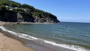 A beach with clear blue water, a sandy shore, and a rocky cliff with greenery. - Synod Cottage | Private Hot Tub, Dog Friendly, Near New Quay (Ceredigion)