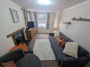 A living room with a sofa, a television, a fireplace, and a window with curtains. - Synod Cottage | Private Hot Tub, Dog Friendly, Near New Quay (Ceredigion)