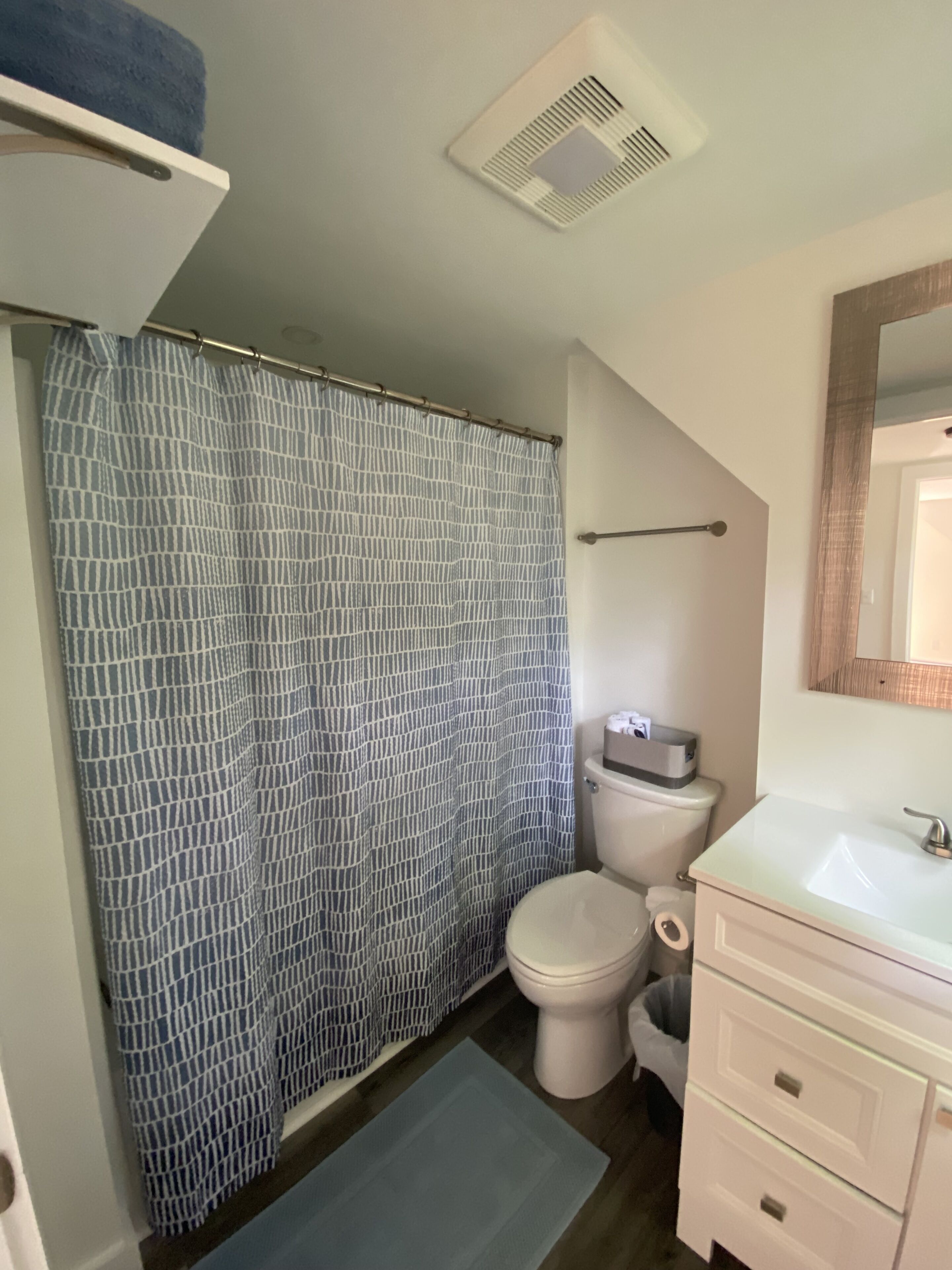 A bathroom with a shower curtain, toilet, sink, and a mirror.