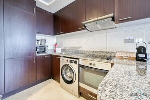 Fridge, microwave, oven, electric kettle