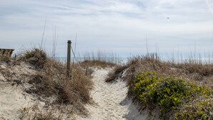 A sandy beach path with vegetation and a wooden post. - Carolina House - Steps to Beach, Fantastic Location!  Walk to All Attractions (Emerald Isle)