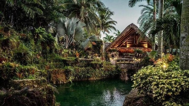 A rustic wooden structure with a thatched roof, surrounded by lush greenery and a small water body. - Cozy Lake House: Unique Japanese Garden Stay in Miami (Homestead)