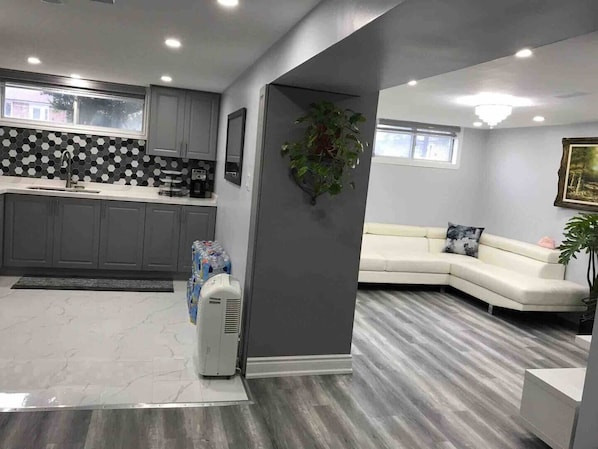 A modern kitchen with grey cabinets, a black and white backsplash, and a built-in microwave. There is a white sofa in the living area with a plant and a painting on the wall.