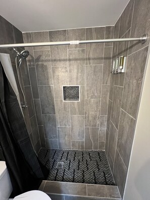 Hair dryer, towels, soap, shampoo