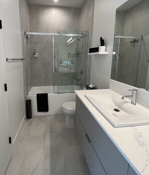 Shower, hair dryer, towels, soap