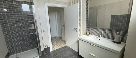 Shower, hair dryer, bidet, towels