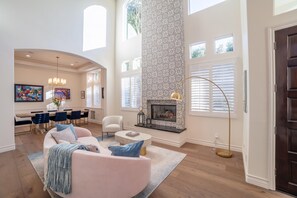 Smart TV, fireplace, books