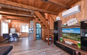 Télévision, cheminée, baby-foot, chaîne hi-fi